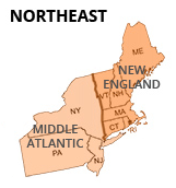 The Northeast Region of the United States consists of two divisions. The Middle Atlantic consists of New York, Pennsylvania, and New Jersey. The New England Region consists Maine, Vermont, New Hampshire, Massachusetts, Connecticut and Rhode Island.