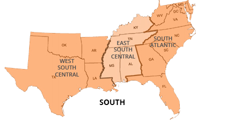 The South Region of the United States consists of three divisions. The South Atlantic division consists of Maryland, District of Columbia, Delaware, West Virginia, Virginia, North Carolina, South Carolina, Georgia and Florida. The East South Central division consists of Kentucky, Tennessee, Mississippi, and Alabama. The West South Central division consists of Oklahoma, Arkansas, Louisiana, and Texas.