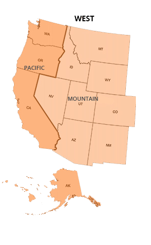 The West Region of the United States is made up of two divisions. The Pacific division consists of Washington, Oregon, California Alaska and Hawaii. The Mountain Division consists of Montana, Idaho, Wyoming, Nevada, Utah, Colorado, Arizona and New Mexico.